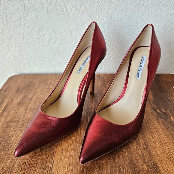 Charles David Shoes - Charles David "Sway" Heels Pump Metallic Garnet Dark Red Leather Pointed Toe 7.5